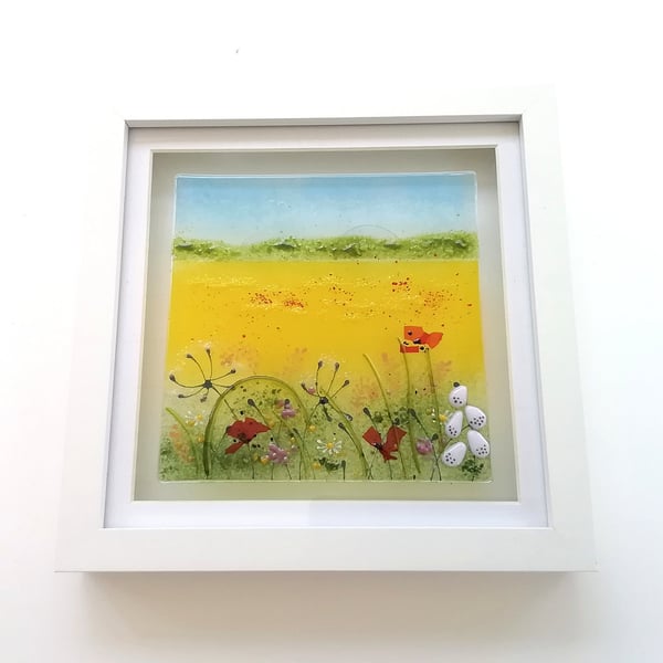 Landscape glass art, fused glass poppy field, framed art, wall hanger, gift. 