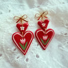 Red Heart Pink Tulip Statement Earrings, Hand Painted - FREE SHIPPING