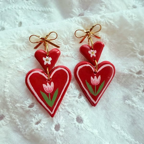 Red Heart Pink Tulip Statement Earrings, Hand Painted - FREE SHIPPING