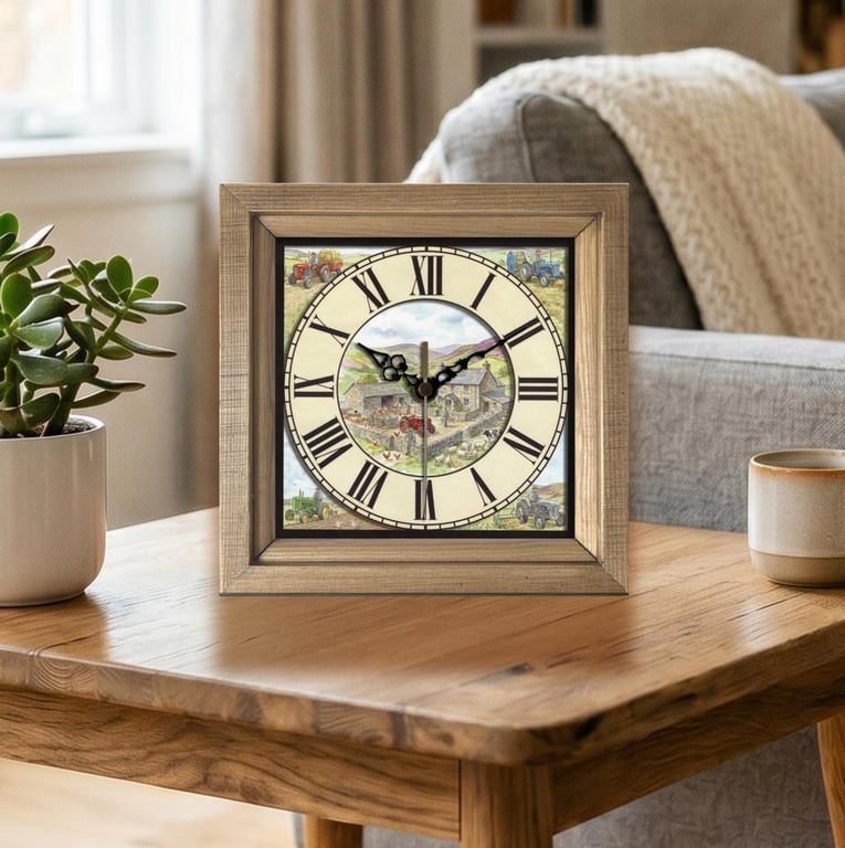 Vintage Style Farmyard & Tractor Scene Square Wooden Wall Clock -Handmade 8x8"