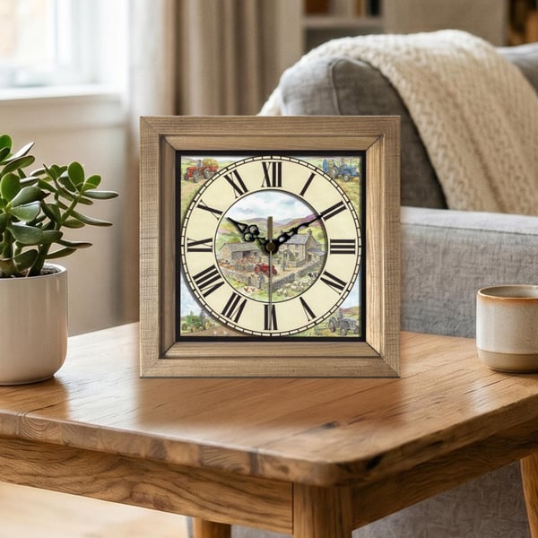 Vintage Style Farmyard & Tractor Scene Square Wooden Wall Clock -Handmade 8x8"