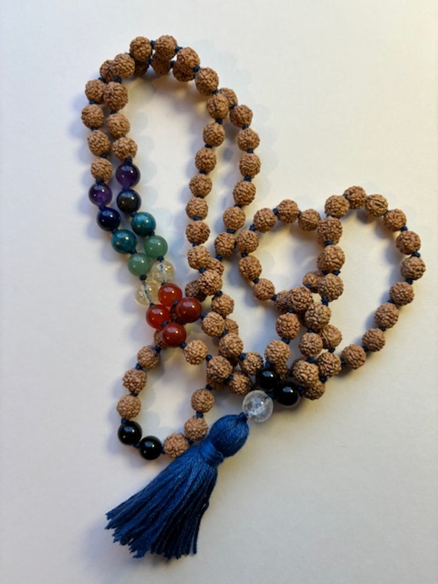 Mala Beads (108) Rudraksha & Chakra Gemstones with Blue Tassel