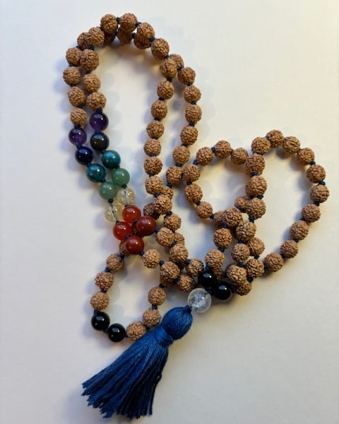 Mala Beads (108) Rudraksha & Chakra Gemstones with Blue Tassel