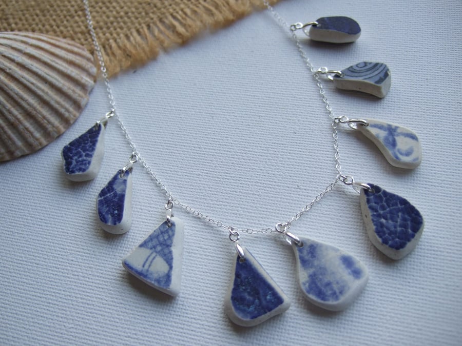 Scottish sea pottery necklace, beach pottery jewelery, beach necklace blue