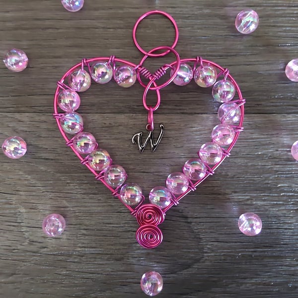Personalised Love Heart Hanging Decoration Wire and Beads Pink Love Gift