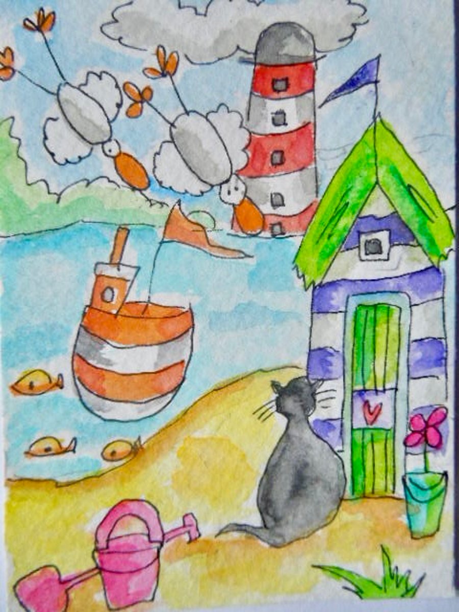 Original little watercolour ACEO painting -Cat looking at lighthouse.