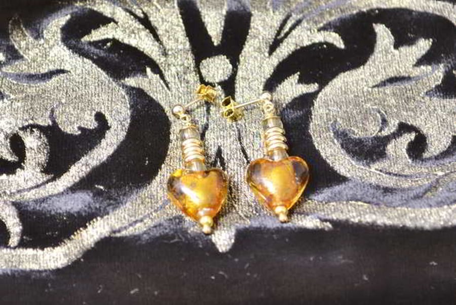 Lemon Quartz & Gold Murano Glass Heart Earrings