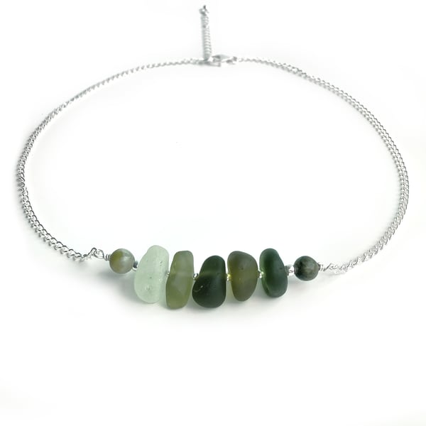 Sea Glass Necklace - Olive Green and Jade Crystal Sterling Silver Jewellery