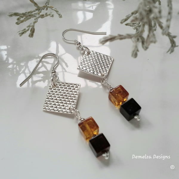 Baltic Amber Cubed Sterling Silver Earrings
