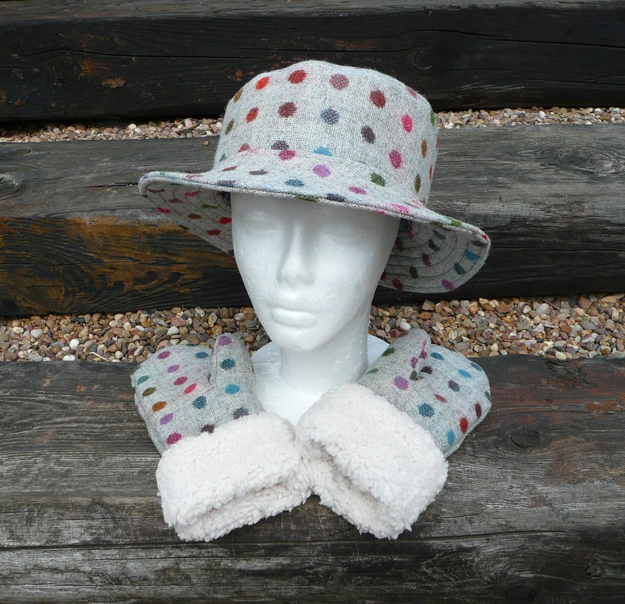 Hat mitten glove set wool tweed bucket hat matching mittens with fleece lining