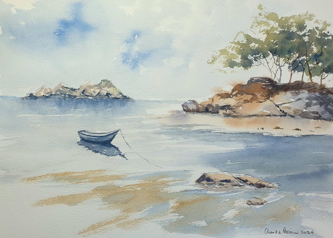 Original Watercolour Seascape .Island and Boat. Marine Wall Art 15x11 inches (Un