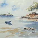 Original Watercolour Seascape .Island and Boat. Marine Wall Art 15x11 inches (Un