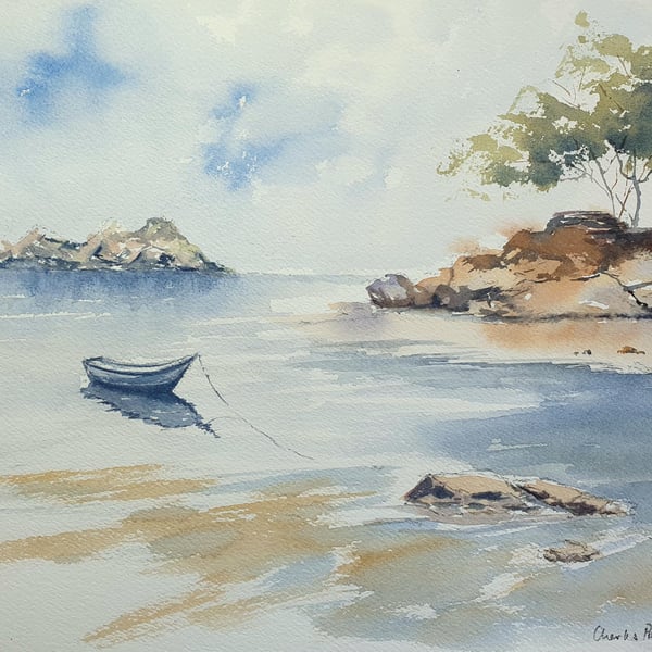 Original Watercolour Seascape .Island and Boat. Marine Wall Art 15x11 inches (Un