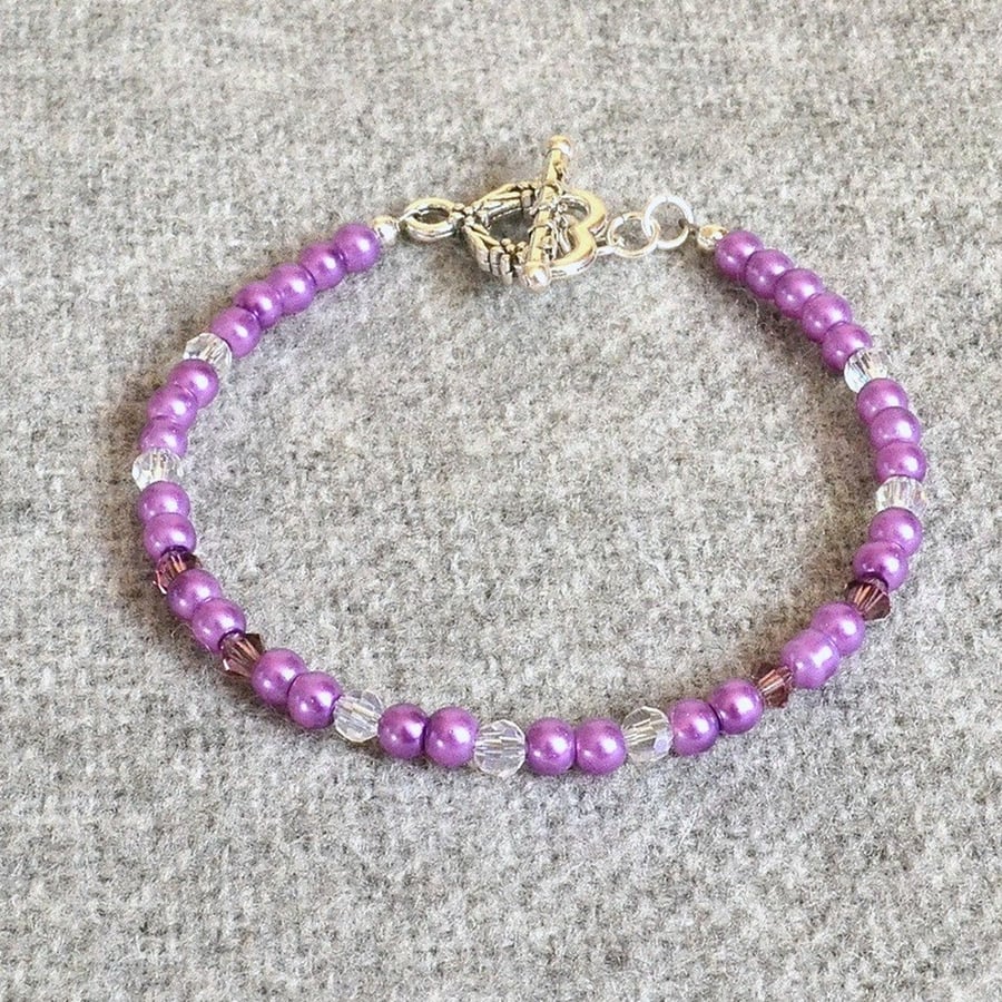 Purple Glass Pearl Bracelet with Faceted AB Crystals and Purple Crystal Bicones