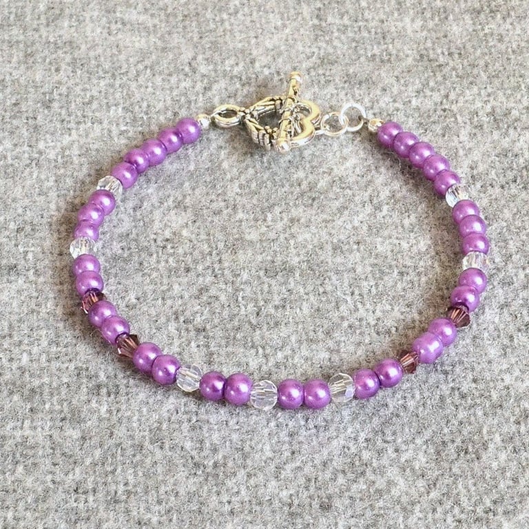 Purple Glass Pearl Bracelet with Faceted AB Crystals and Purple Crystal Bicones
