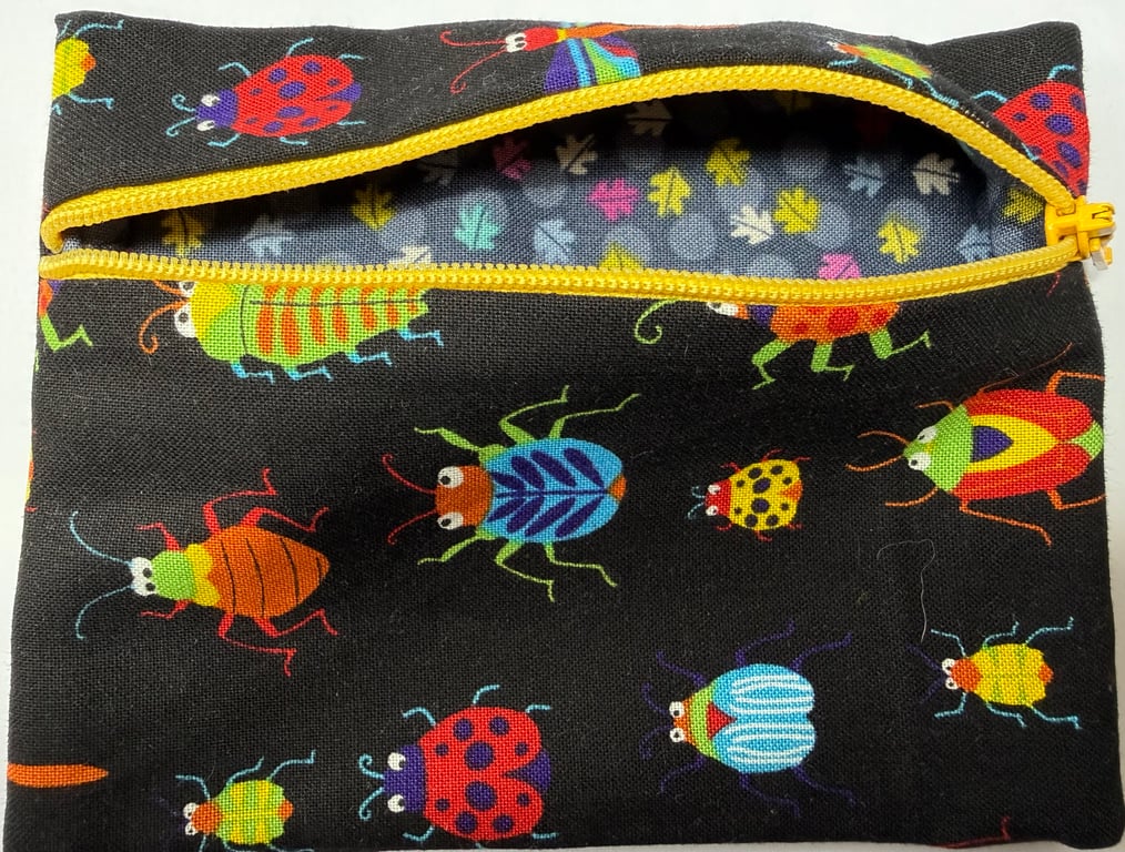 Small zipped purse - multicoloured beetles with sunshine yellow zip