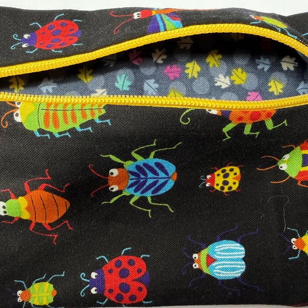 Small zipped purse - multicoloured beetles with sunshine yellow zip