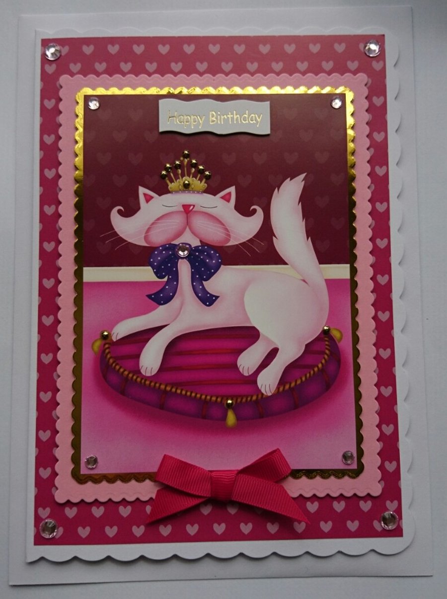 Birthday Card Cute Pretty Posh Cat On A Pink Cushion Princess 3D Luxury Handmade