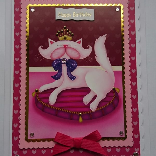 Birthday Card Cute Pretty Posh Cat On A Pink Cushion Princess 3D Luxury Handmade