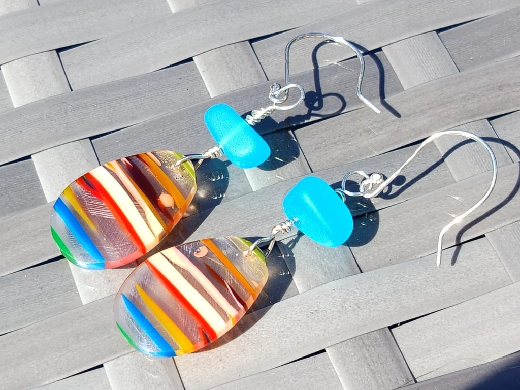 Surfite & Blue Seaglass Earrings Sterling Silver Wire-Wrapped Jewellery Gift