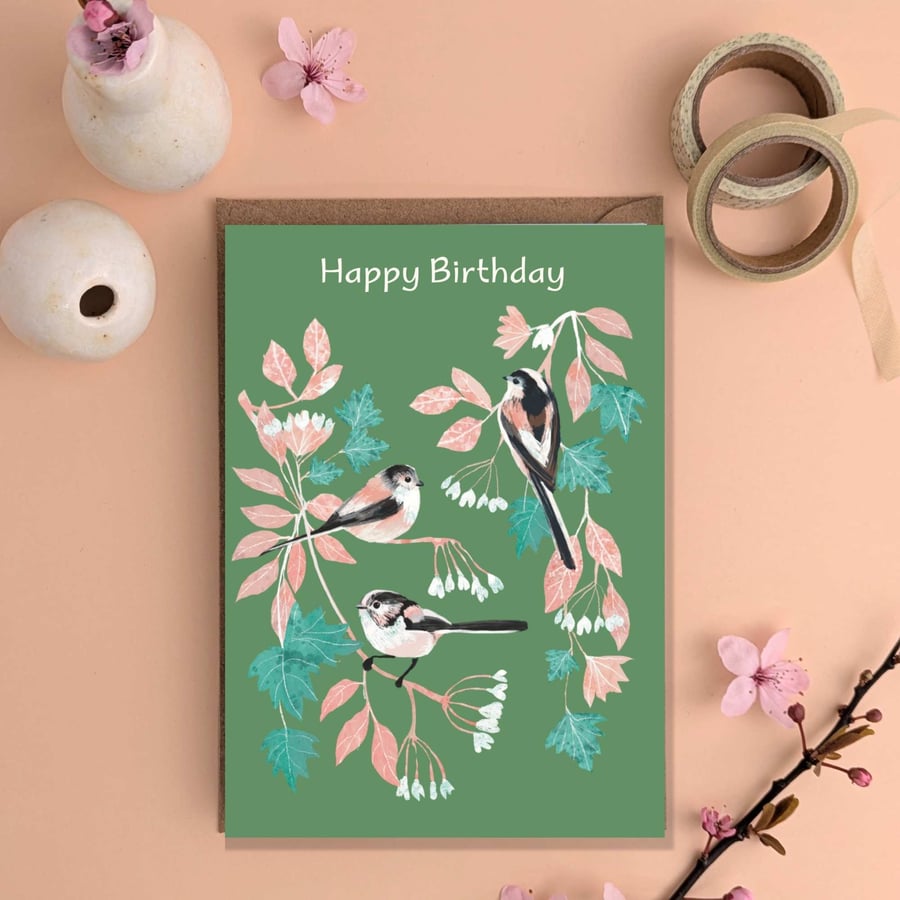 Happy Birthday card garden bird card longtailed tits