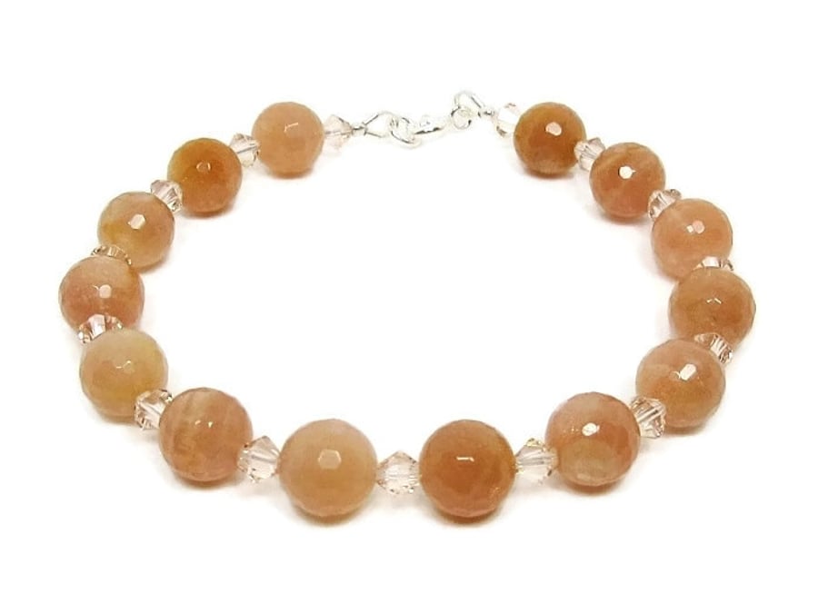 Faceted Peach Sunstone Beaded Bracelet With Swarovski Crystals