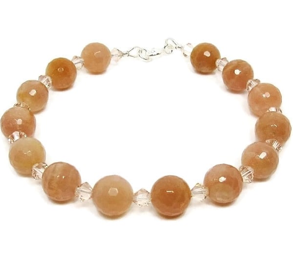 Faceted Peach Sunstone Beaded Bracelet With Swarovski Crystals