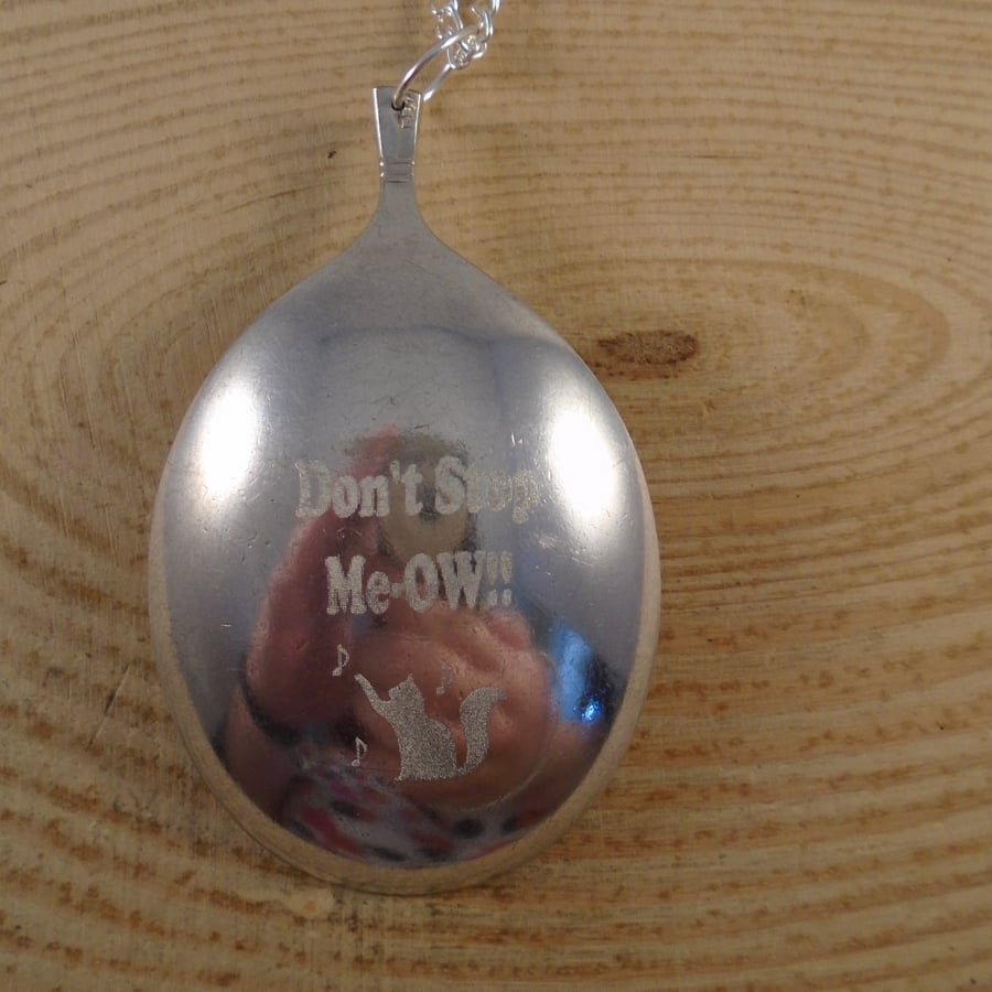 Upcycled Silver Plated Spoon Necklace Engraved With Don't Stop Me-Ow! SPN082107