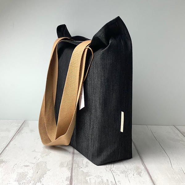 Black Denim Tote Bag - Patterned Lining - Long Handles