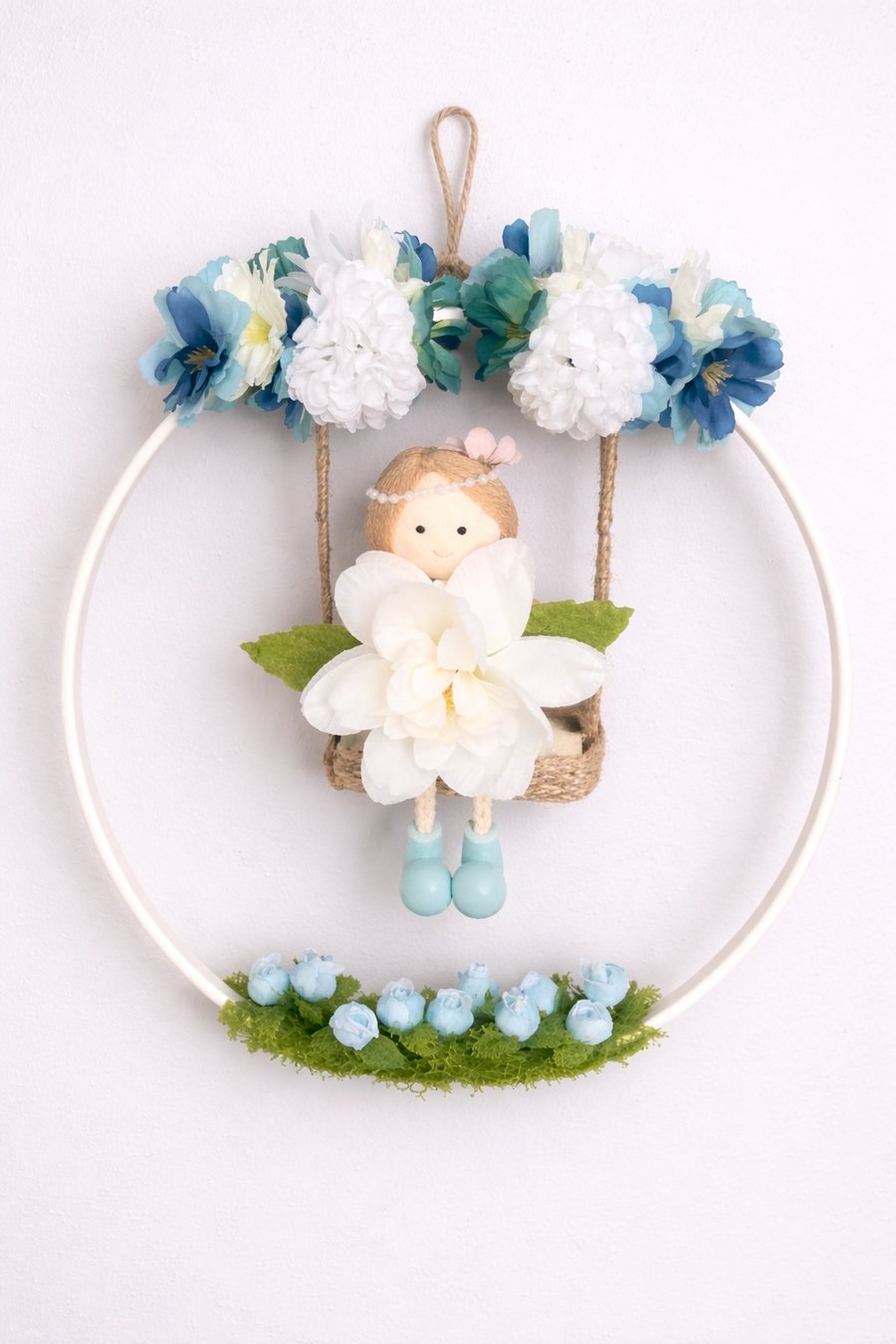 Fairy Nursery Wall Decor Floral Hoop Wall Art 26cm Matt White Handmade Hoop.