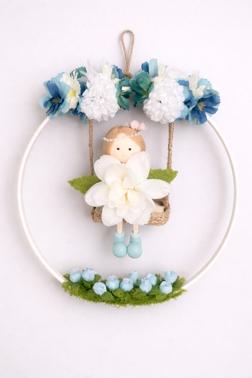 Bluebell Fairy Nursery Wall Decor Floral Hoop Wall Art 26cm Matt White Handm