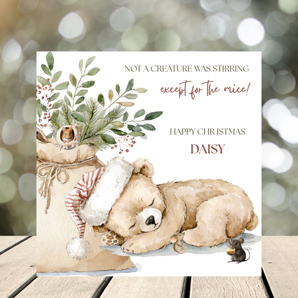 Cute Sleeping Bear with Christmas Mice Card can be personalised.