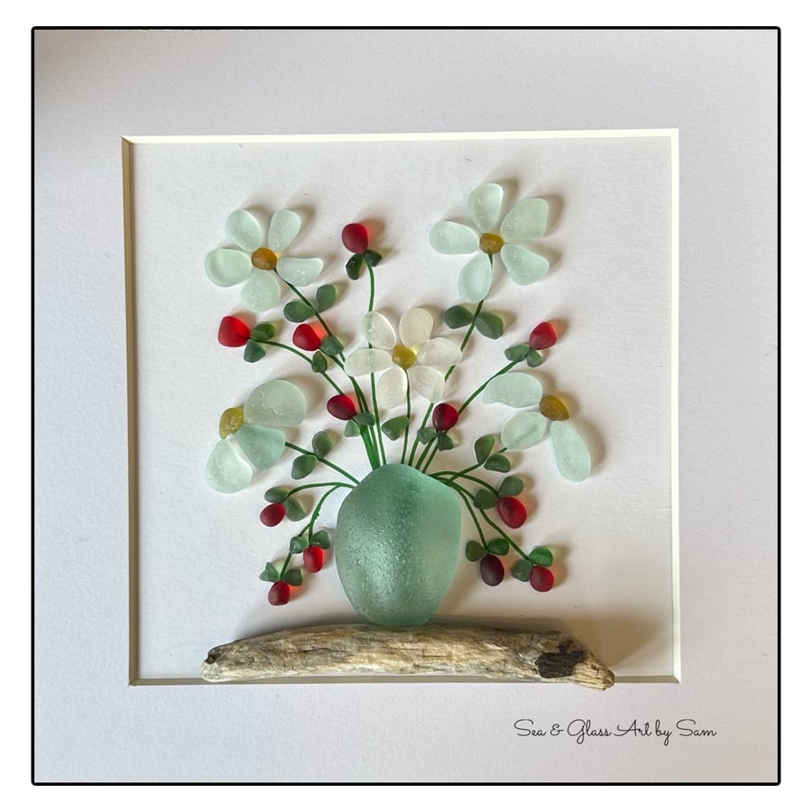 Handmade Seaham Sea Glass Flowers in Vase Picture - Framed 8x8 Coastal Art