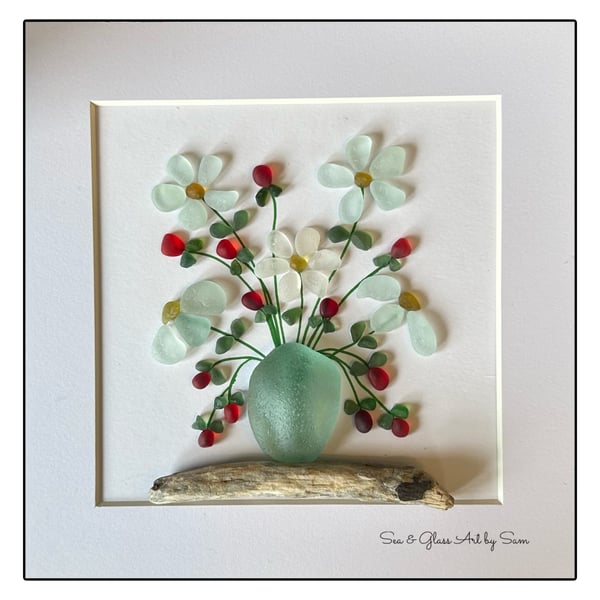 Handmade Seaham Sea Glass Flowers in Vase Picture - Framed 8x8 Coastal Art