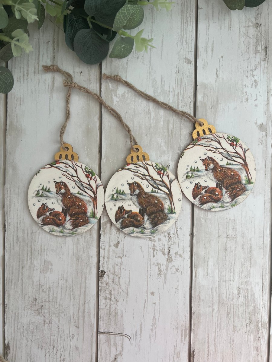 Set of 3 Wooden Christmas Tree Decorations: Decoupage Fox, Tree Decor, Woodland
