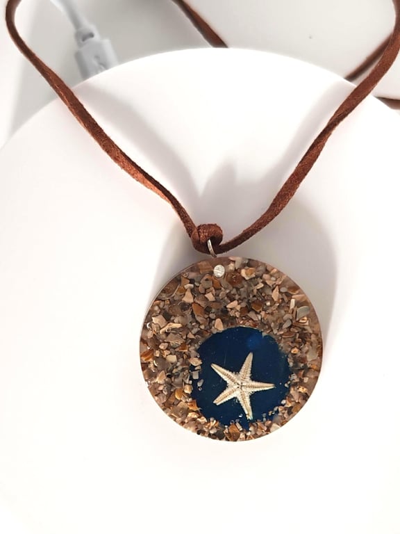 Resin Starfish Pendant Necklace: Real Sand & Stones, Beach Jewelry