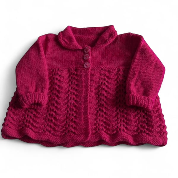 Red baby cardigan, hand knitted, vintage style, baby shower gift, 0-3 Months 