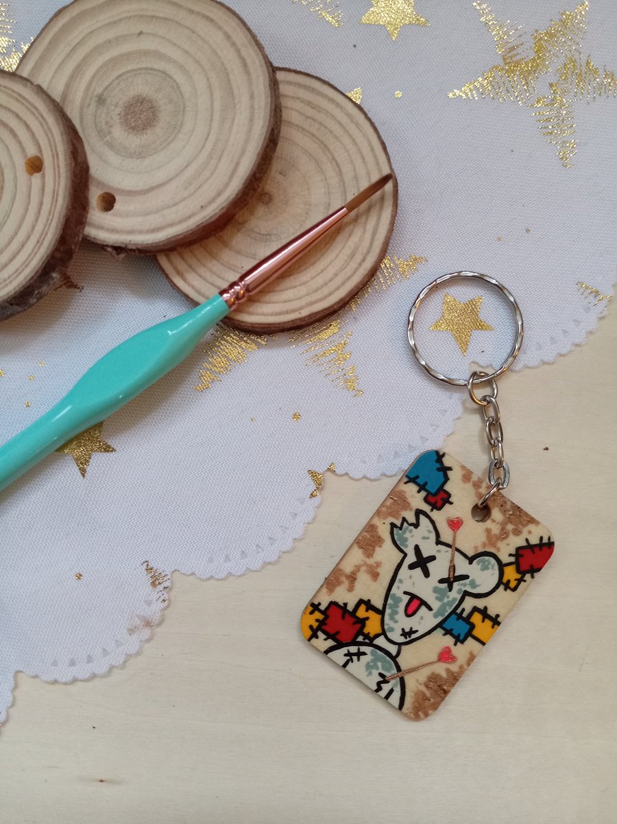 Wooden rectangular voodoo teddy bear keyring