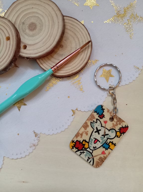 Wooden rectangular voodoo teddy bear keyring