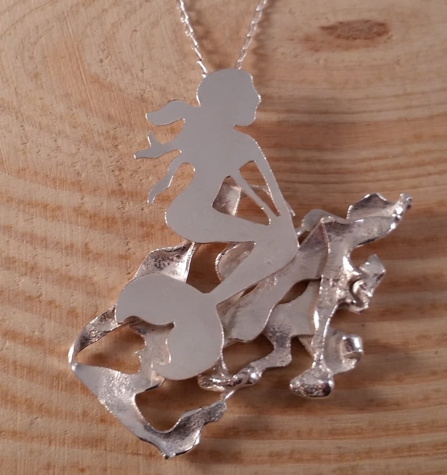 Sterling Silver Mermaid On A Rock Necklace