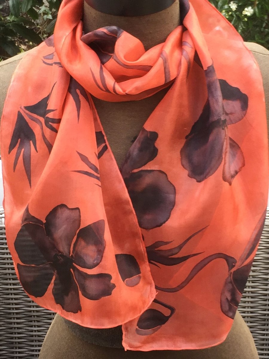 Black Poppies  hand painted silk scarf. Floral silk scarf