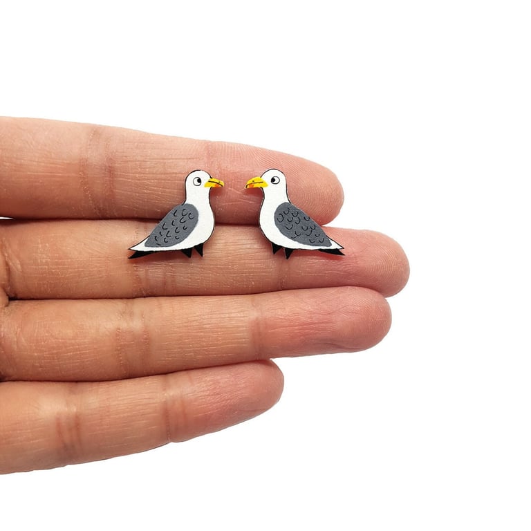 Seagull Stud Earrings - Handpainted - Bird Earrings