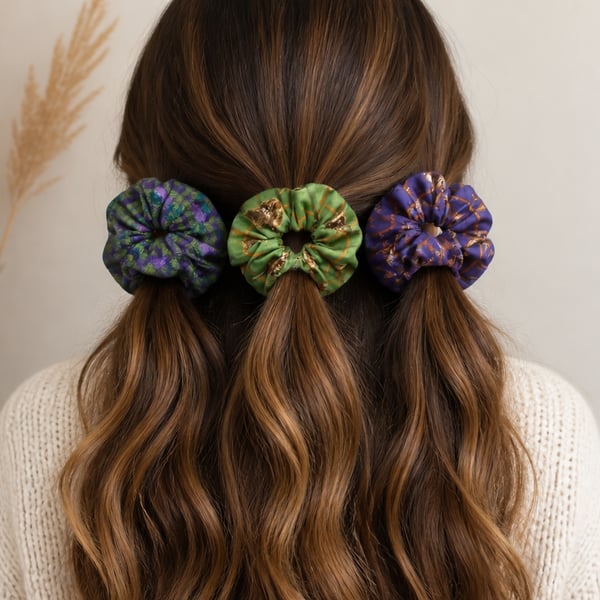 Set of 3 Scottish Themed Hair Scrunchies Stags Cows & Thistles 