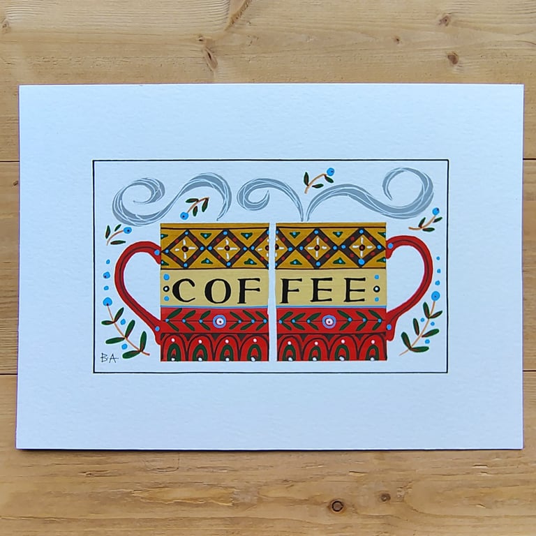 Coffee mugs folk art painting, A5 acrylic original artwork, unique gift 