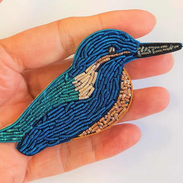 Kingfisher Brooch, Bird Jewellery, Gift for Bird Lover, Goldwork Kingfisher, Gol