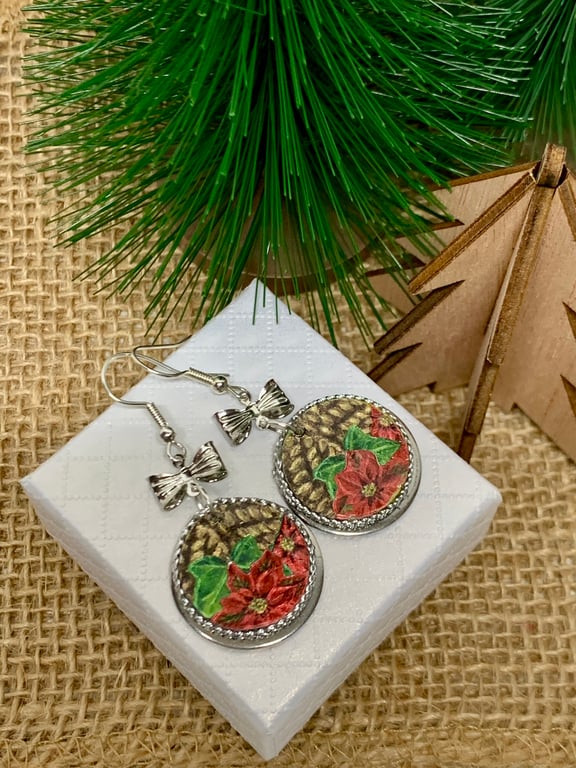 Poinsettia Design Christmas Earrings Dangle Earrings