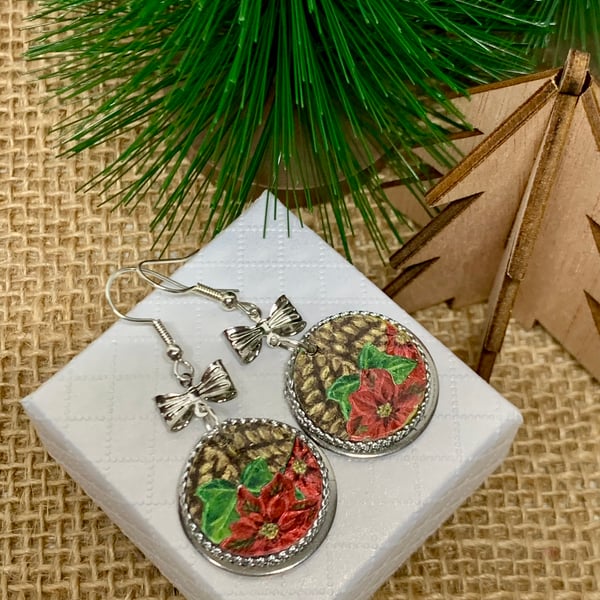 Poinsettia Design Christmas Earrings Dangle Earrings