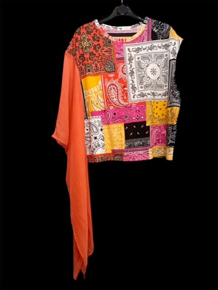 Upcycled Boho Patchwork Inspired Top Flowing Chiffon Sleeve one of a kind