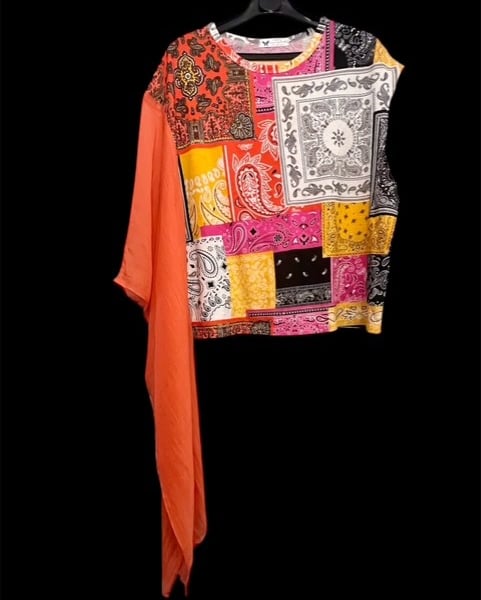 Upcycled Boho Patchwork Inspired Top Flowing Chiffon Sleeve one of a kind