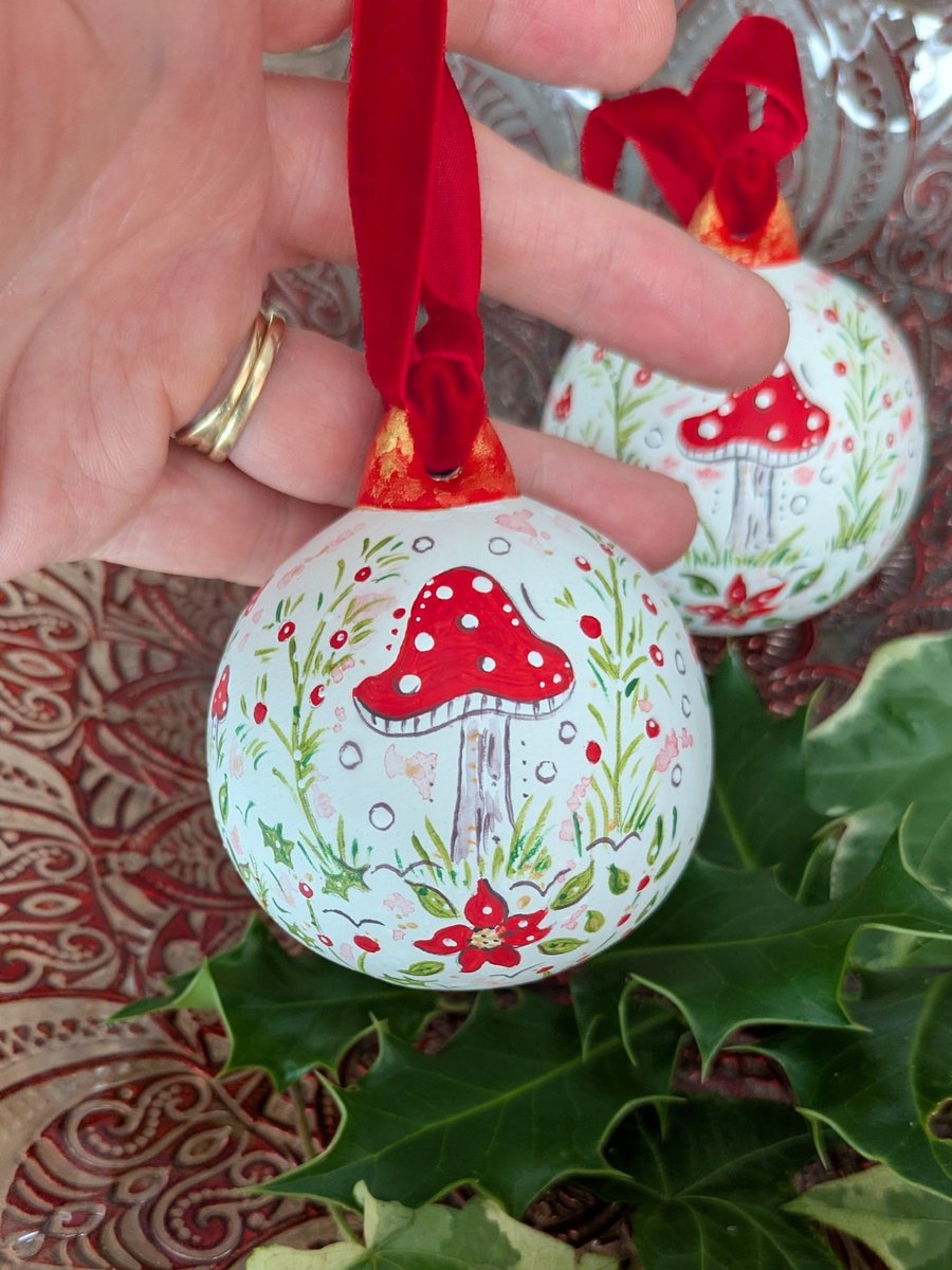 Toadstool hand-painted Christmas ceramic bauble 
